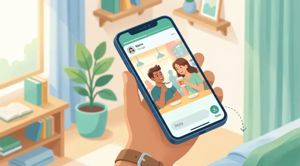 Smartphone screen showing a WhatsApp status photo being saved to a phone gallery