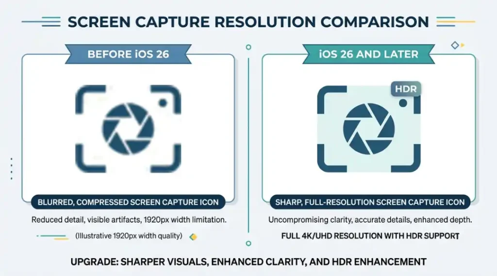 Infographic comparing old capped-resolution iPhone screen recording to iOS 26's native resolution and HDR capture