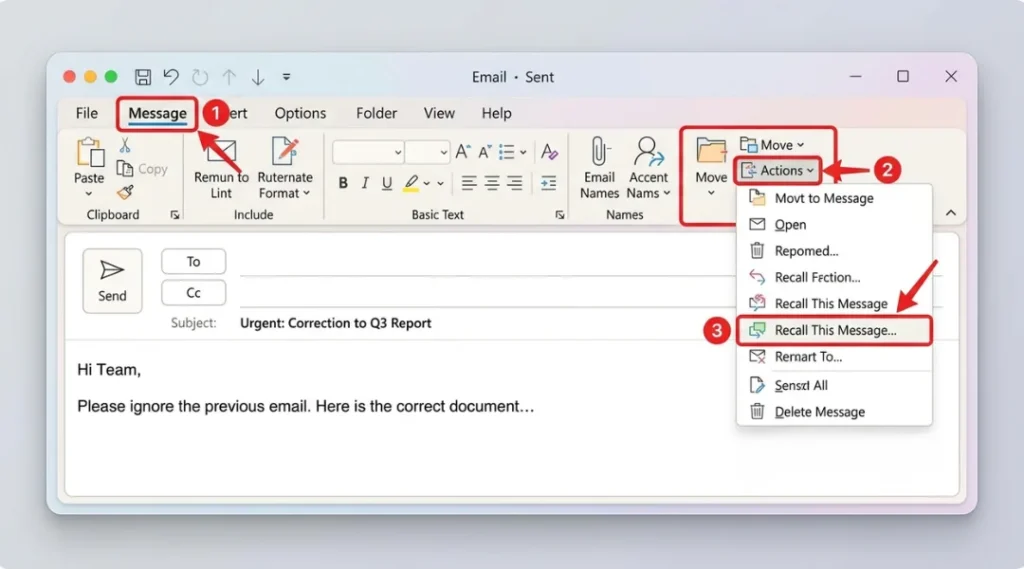 Steps to recall a message in classic Outlook for Windows