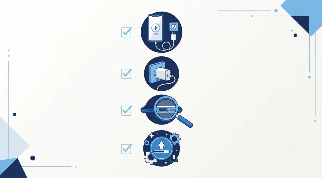 ​Quick diagnostic checklist for how to fix phone not charging, showing cable, adapter, port, and software checks