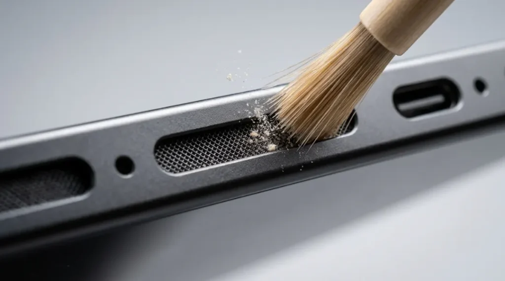 Close-up of a smartphone speaker grille being cleaned with a soft brush to remove dust