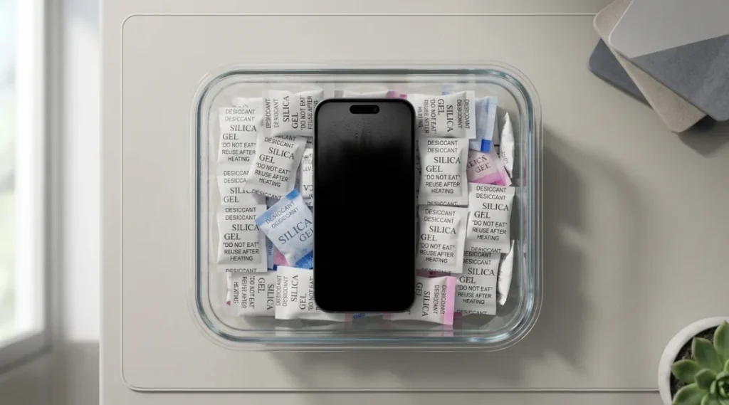 Smartphone placed in a container of silica gel packets for water damage drying