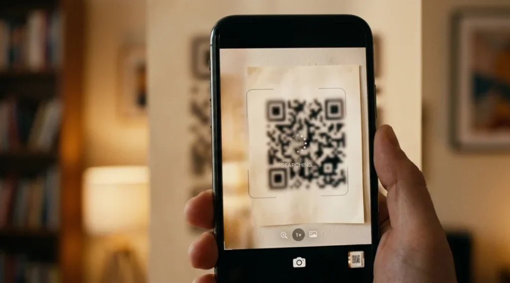 Smartphone camera trying to scan a qr code blurred on a printed poster, image not focusing