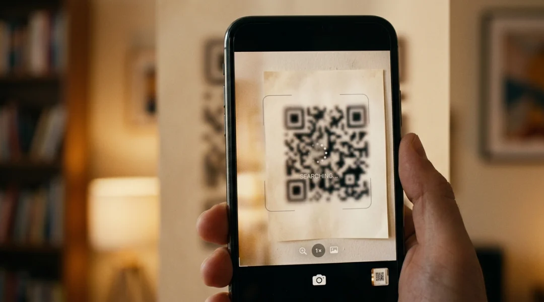 Smartphone camera trying to scan a qr code blurred on a printed poster, image not focusing