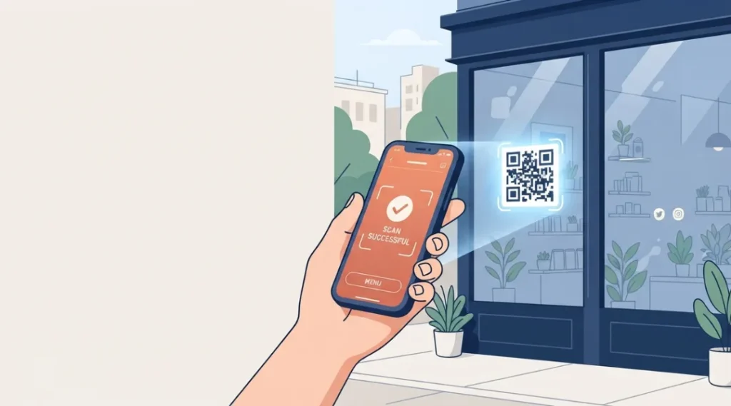 Person scanning a QR code on a smartphone, illustrating how QR codes connect physical and digital spaces
