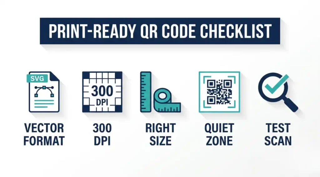 Infographic titled Print-Ready QR Code Checklist showing five labeled components for printing a scannable QR code