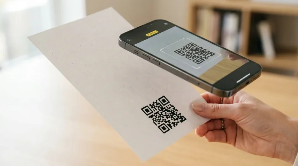 Close-up of a hand holding a qr code printen flyer with a QR code being scanned by a smartphone