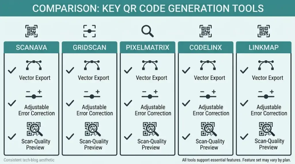 Side-by-side comparison graphic of QR code tools for fixing blur, showing icons for vector export, error correction, and scan testing features
