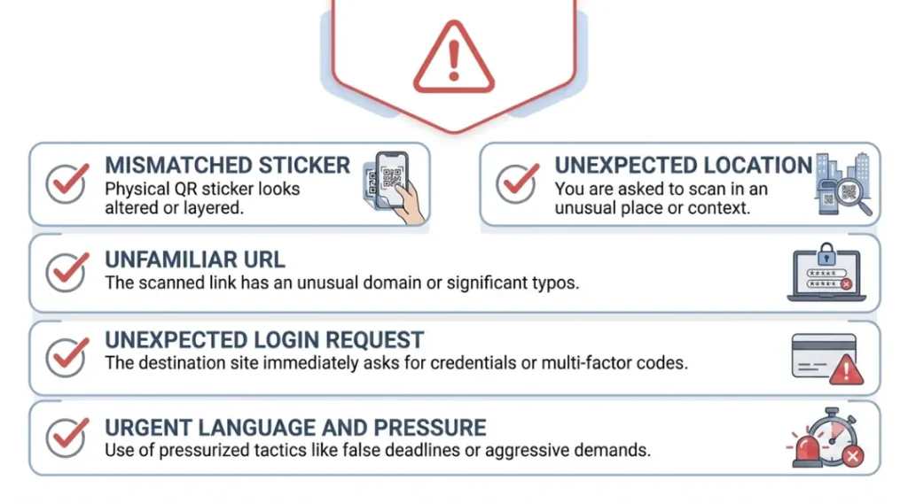 Checklist graphic showing warning signs of a fraudulent or quishing QR code