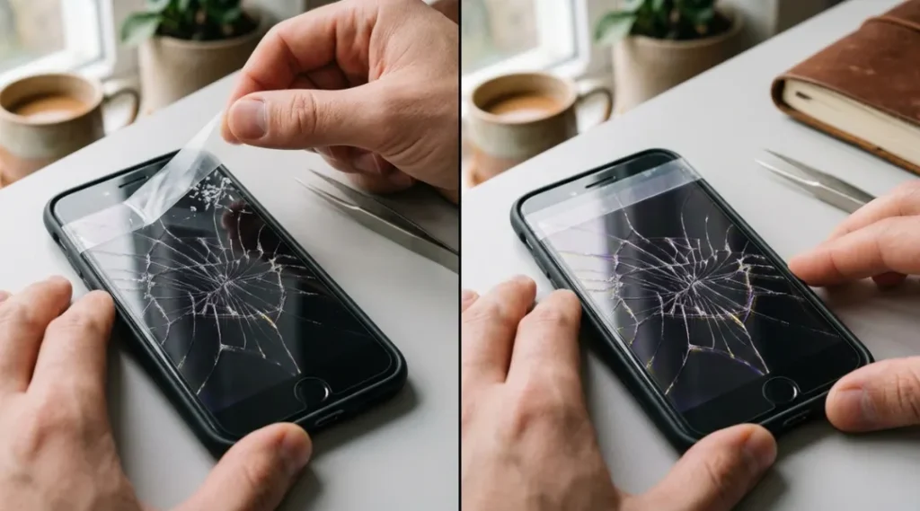 Hands using clear tape to safely lift and remove a broken tempered glass screen protector