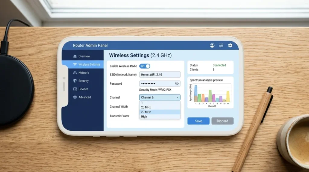 Router admin panel interface showing wireless channel and band settings being adjusted
