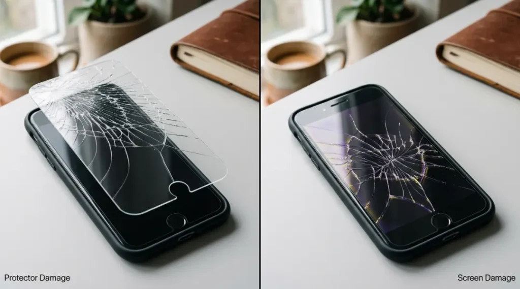 Side-by-side comparison showing cracked screen protector versus actual damaged phone screen