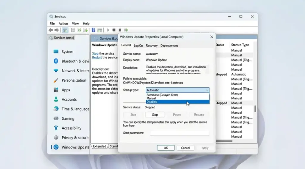 Windows Services manager window showing Windows Update service set to Disabled