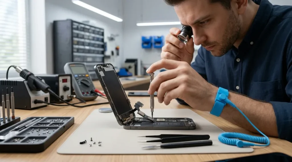 Mobile repair technician inspecting a smartphone speaker component with diagnostic tools