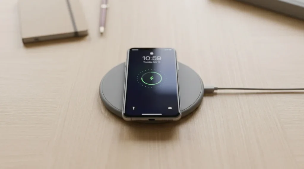 Smartphone correctly centered on a wireless charging pad coil for optimal charging