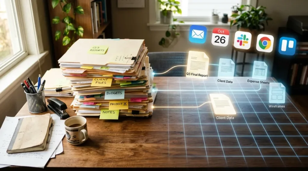 Physical files transitioning into cloud-based productivity apps on a desk