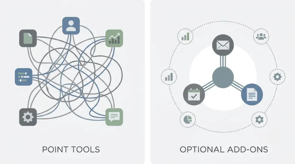Comparison of fragmented point-tool workflow versus consolidated cloud office suite structure