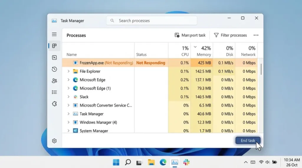 Task Manager window showing how to force quit on Windows by selecting End Task