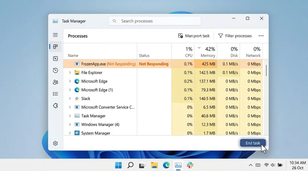 Task Manager window showing how to force quit on Windows by selecting End Task