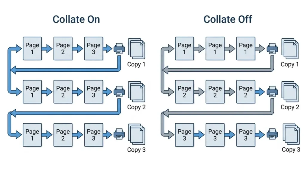 flowchart showing how print spooler processes collated versus uncollated jobs