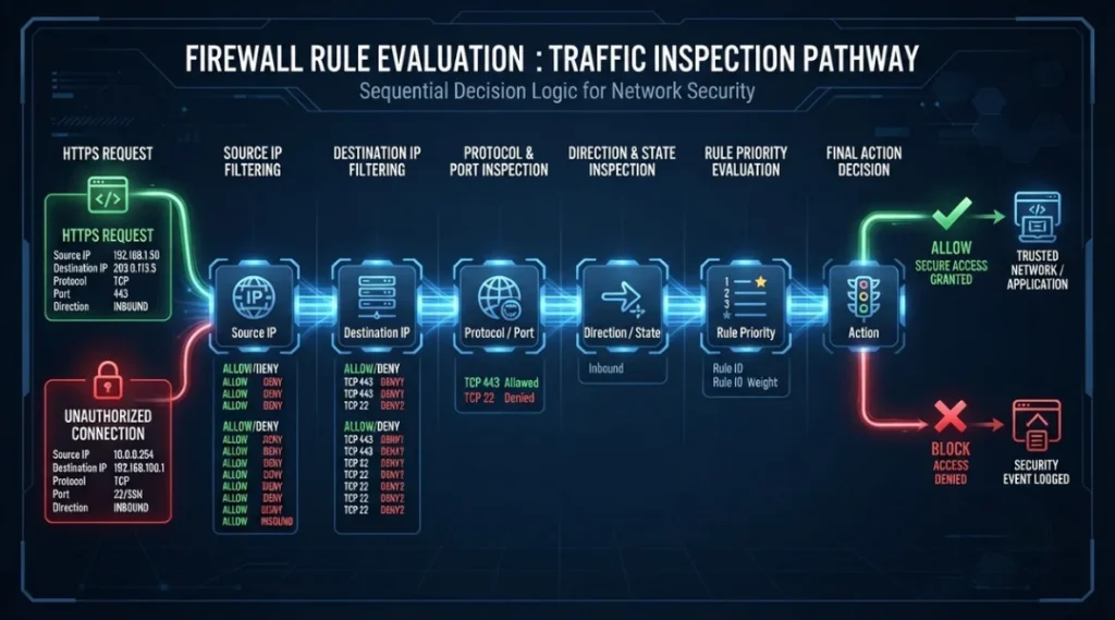 firewall rules showing source destination port and traffic filtering