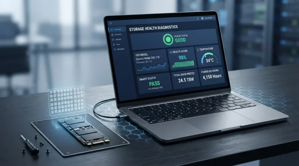 how to check SSD health using a laptop storage diagnostic dashboard