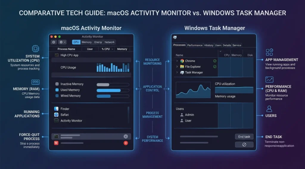 Mac Activity Monitor compared with Windows process management