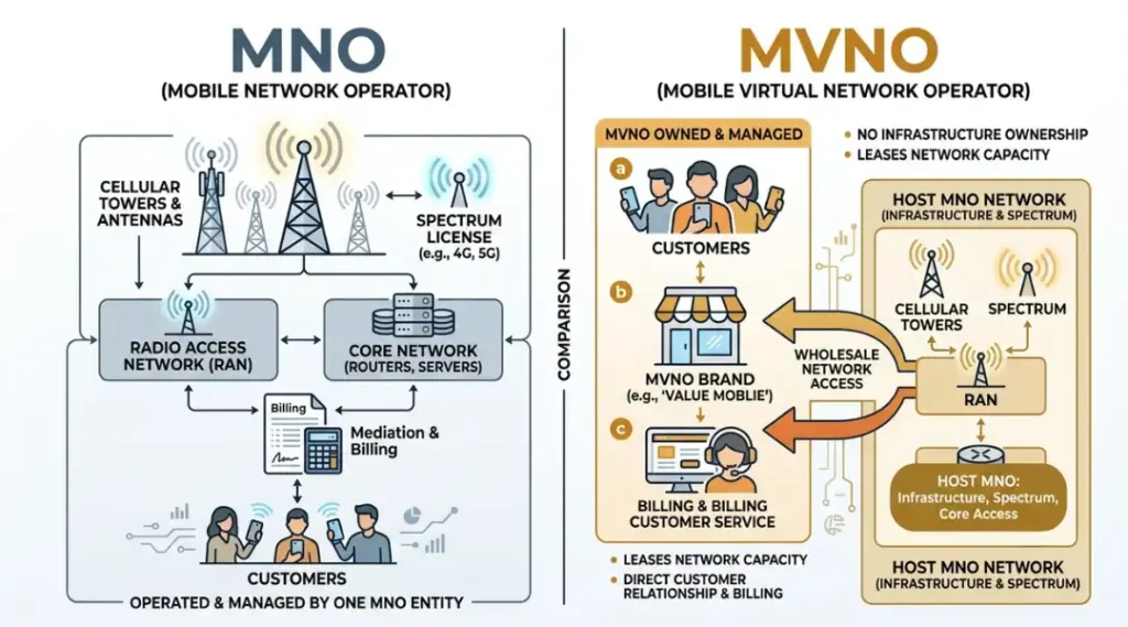 MNO and MVNO network infrastructure comparison diagram