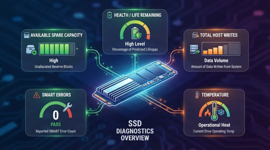 SSD health indicators including SMART errors, temperature and total writes