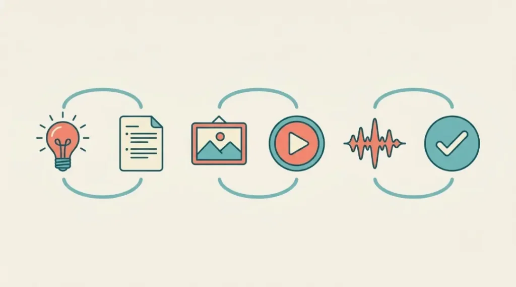 Six-step AI content workflow from idea and script to images, video, voice, and final publishing